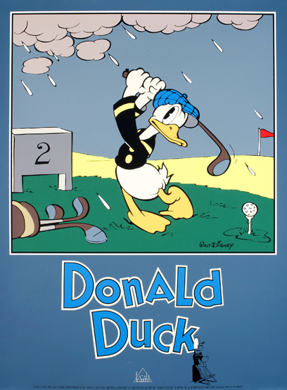 A Walt Disney poster featuring Donald Duck playing golf, a modern licensed reissue of the 1938