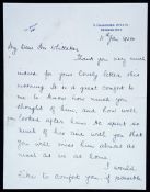 A signed manuscript letter from the recently widowed Mrs Herbert Chapman to Tom Whittaker, dated