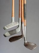 Five interesting hickory shafted clubs,a Gibson of Kinghorn off-set Fairlie niblick circa 1920; a