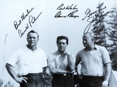 A triple-signed late 1960s b&w photograph of Arnold Palmer, Gary Player and Jack Nicklaus, 9 by