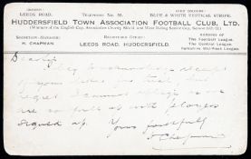 A signed manuscript Huddersfield Town postcard from Herbert Chapman, postmarked August 1922, in
