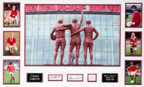 A Manchester United presentation titled "United Legends" with signatures of Bobby Charlton, Denis