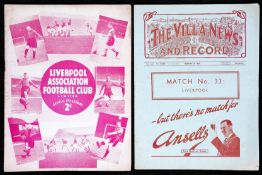 Liverpool v Aston Villa programme 15th October 1938, sold together with the reverse League fixture