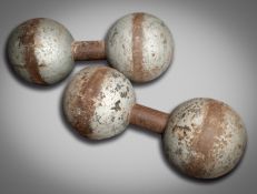 The original Thomas Inch Middleweight Dumbbells weighing 144lb. and 153lb., from the original set of
