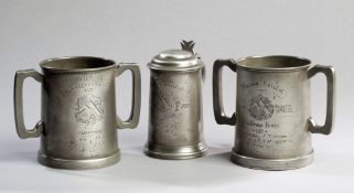 Three pewter Wadham College Oxford `Fours` rowing trophies. Comprising: a pair of `First Prize`