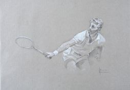 Luis Morris (born 1963) LEW HOAD signed, a pencil drawing heightened with white chalk, 30 by