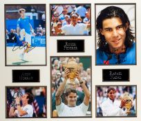 A tennis presentation with signed photographs of Roger Federer, Andy Murray and Rafael Nadal,