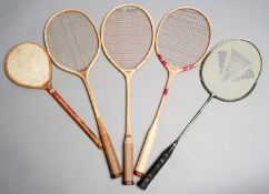 A selected group of five badminton racquets to demonstrate the evolution of design from the 19th