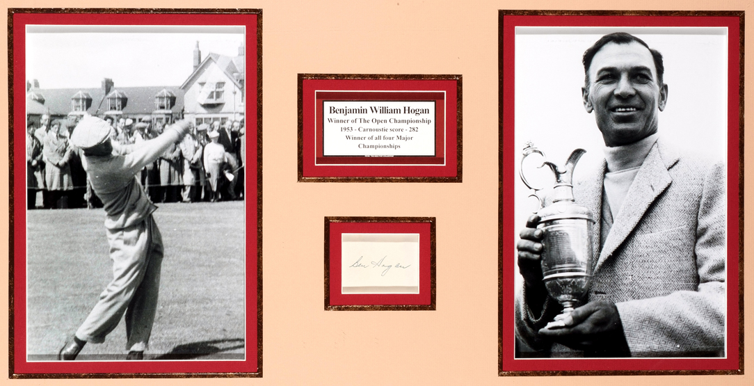 A signed Ben Hogan `Open Championship Winner` display, comprising two 12 by 8in. b&w photographs,