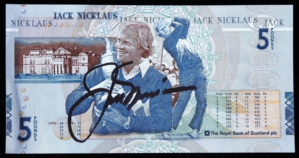 A Royal Bank of Scotland five pounds banknote autographed by Jack Nicklaus, signed in black marker