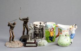 Chinaware and metalware portraying golf, late 20th century, two pottery mugs, and a pottery jug;