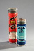 Two sealed lawn tennis ball cans, Dunlop Fort containing four balls, and Spencer Moulton
