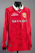 A 1999 Champions League Final replica jersey signed by the Manchester United squad, 21 signatures in