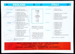 A signed programme for Bobby Moore`s last international match for England v Italy at Wembley 14th