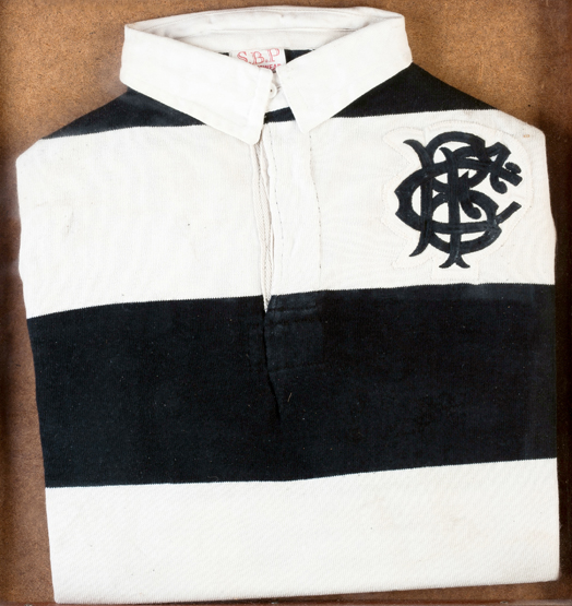 A Mervyn Davies Barbarians shirt 1970s, black & white hooped by S.B.P. Sportswear, embroidered cloth