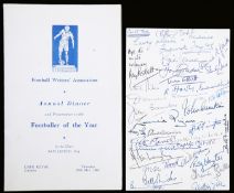 An autographed Football Writers` Association menu for a luncheon given to Sir Stanley Rous and