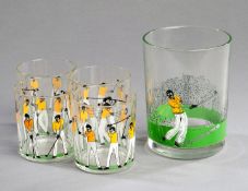 A golfing drinks set, American, 20th century, comprising a set of our glasses with applied