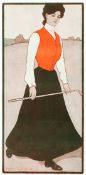 A small print of a lady golfer, signed in the plate Peter Fountain, backed onto linen, 12.5 by 25.