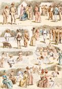 A gallimaufry of coloured lawn tennis illustrations all dating to the 1880s, in modern