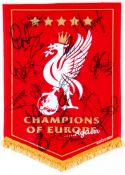 A commemorative Liverpool pennant signed by the 2005 Champions League winning team, bearing five