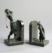 A pair of 1920s bronze and marble golfing bookends, comprising a golfer and a smaller caddie figure,