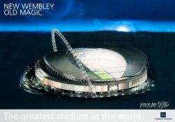 A poster featuring the new Wembley Stadium autographed by the architect Sir Norman Foster,