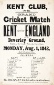 A rare and early cricket match advertisement poster dated 1842, for the Kent Club`s Grand Cricket