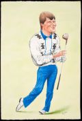 An original John Ireland artwork for a caricature of Nick Faldo, signed, pen & ink & watercolour, 56
