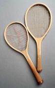 A near pair of strung table tennis racquets circa 1900, no maker`s mark, probably German, one with