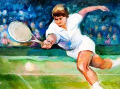 20th Century School TENNIS PLAYER AT FULL STRETCH, WIMBLEDON indistinct signature, oil on board,