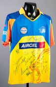 A squad-signed 2012 IPL Chennai Super Kings replica shirt, 20 signatures in black marker pen