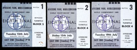 Three 1966 World Cup ticket stubs for matches played at Ayresome Park Middlesbrough, Group 4