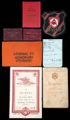 Arsenal memorabilia including signed items, two steward ID cards 1932-33 & 1933-34, signed menu card