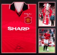 An Eric Cantona signed Manchester United 1996 F.A. Cup final replica jersey, signed in black