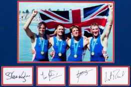 An autographed display of the Great Britain Coxless Four gold medallists at the 2000 Sydney