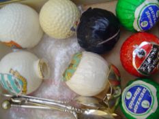 Four silver plated golf spoons, one a larger exampled dated circa 1905, together with two ceramic