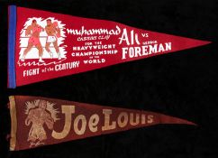 A feltwork pennant commemorating the `Fight of the Century` between Muhammad Ali and George Foreman,