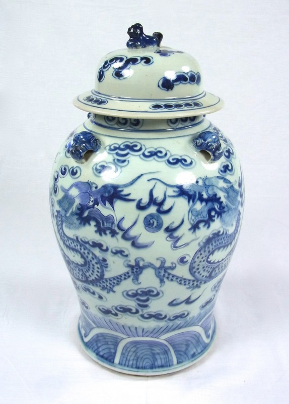 A large Chinese blue and white baluster jar and cover. 19th century. Of baluster form with four