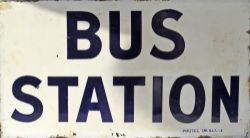 Enamel Sign "Bus Station"; double sided Blue on White. A very early sign In good condition measuring
