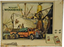 Tin Advertising Show Card "Wills Woodbines".  Featuring Ship & Truck. Measuring 20" x 15". Rust