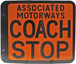 Enamel Advertising Sign "Associated Motorways Coach Stop" - double sided. Black on Orange. Virtually