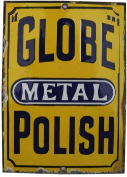 Enamel Advertising Sign `Globe Metal Polish`, 5" x 7¼", blue and white lettering on yellow ground.