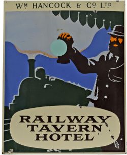 Enamel Advertising Pub Sign, 44" x 36" `Wm. Hancock & Co Ltd - Railway Tavern Hotel`. A fine,
