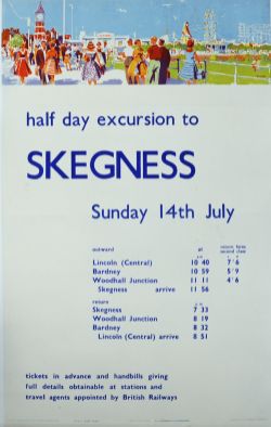 BR Poster `Half Day Excursions To Skegness - Sunday 14th July` by Donald Blake, letterpress with