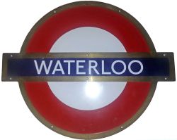 London  Transport Enamel “Bullseye” Station sign WATERLOO measuring 24” in length in original bronze