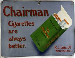 Enamel Advertising Sign "Chairman". Single-sided measuring 24" x 18". Blue Green Cigarette Packet in