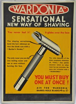 Tin Advertising Show Card "Wardonia Shavers", measuring 16" x 23". Featuring razor.
