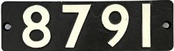 Smokebox Numberplate 8791. Ex GWR 0-6-0PT built Swindon in 1934 and allocated to Stourbridge. Re-