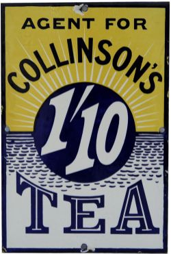 Enamel Advertising Sign `Agent For Collinson` 1/10s Tea`, 8" x 12". Black lettering on yellow