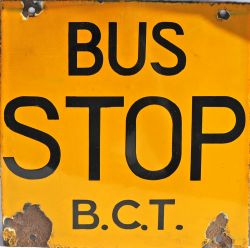 Enamel Bus Sign "Bus Stop BCT" - ex Bournemouth Corporation Transport. Black on orange measuring 12"